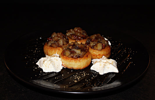 Cottage cheese scones with caramelized banana, toasted pecans and light whipped cream