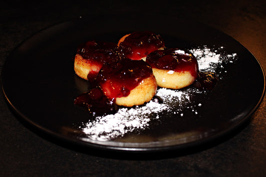 Cottage cheese scones with cherry jam and sour cream