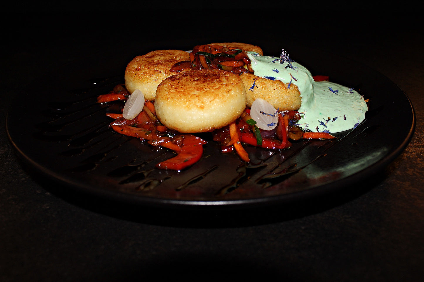 Cottage cheese scones with roasted vegetables and creamy pesto sauce