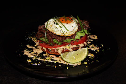 Brioche breakfast with pulled beef